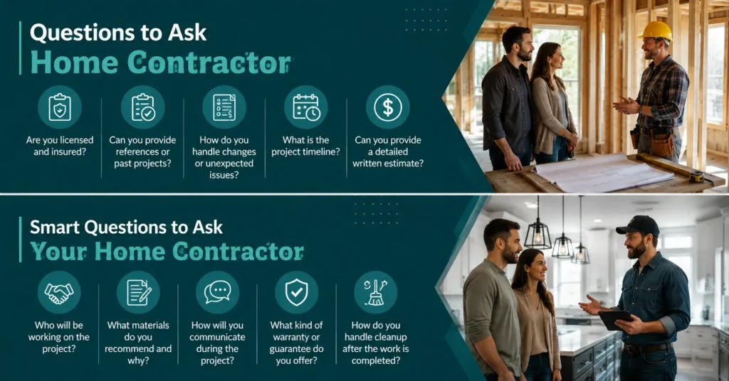 Questions to ask a home contractor about estimates, payment schedules, warranties, subcontractors, materials, and project communication.