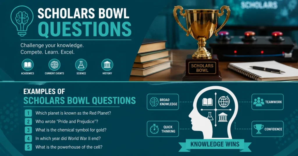 Scholars Bowl questions infographic with sample questions, academic subjects, trophy, and quiz bowl buzzer