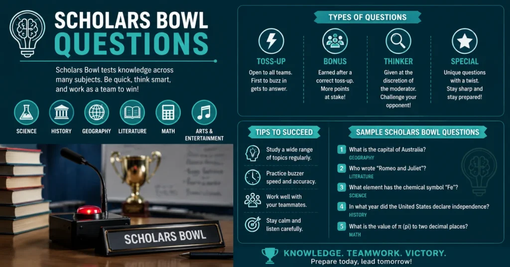 Scholars Bowl questions study guide showing question types, subject categories, preparation tips, and sample quiz questions