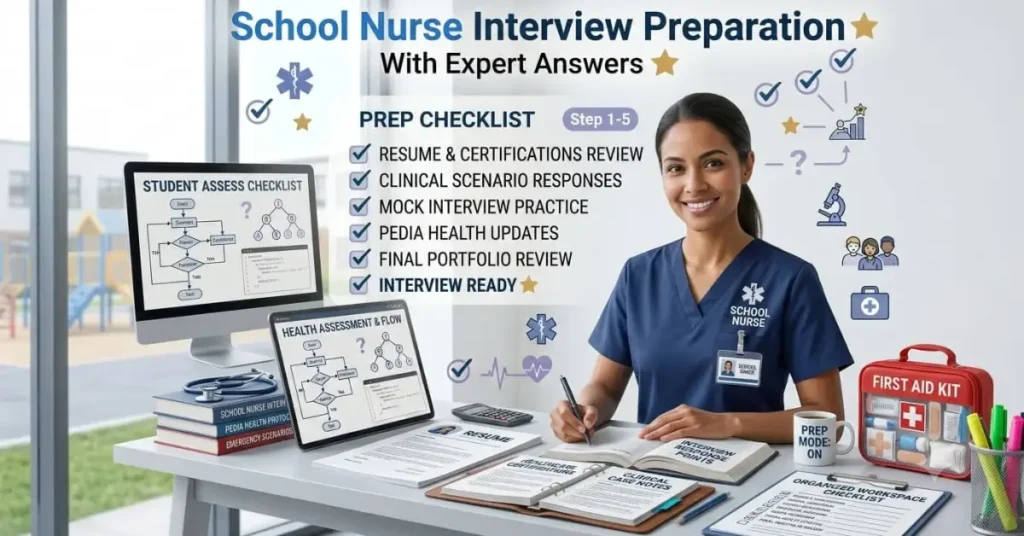 School nurse preparing for an interview with expert tips and questions in a school healthcare setting
