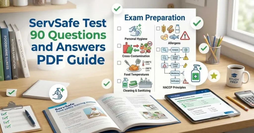 "Infographic showing key ServSafe exam preparation topics including food safety, personal hygiene, cross-contamination, cooking temperatures, cleaning and sanitizing, allergens, and practice test study materials."