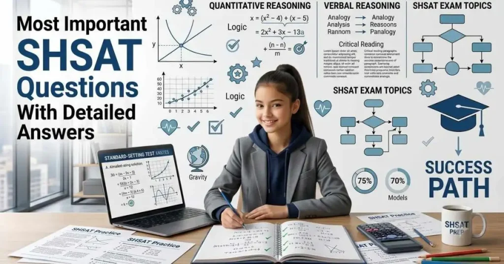 Most Important SHSAT Questions With Detailed Answers study guide featuring SHSAT practice questions, math, verbal reasoning, and exam preparation resources.