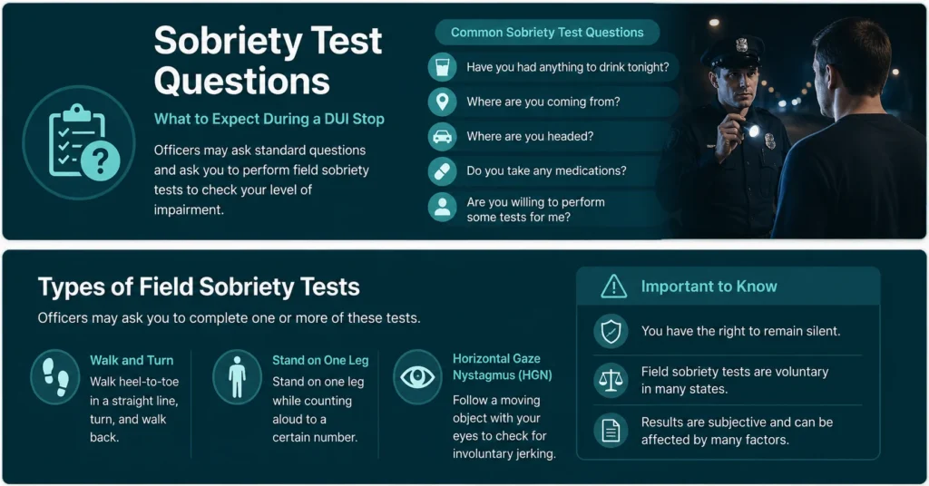 Sobriety test questions infographic showing common questions officers may ask during a DUI stop.
