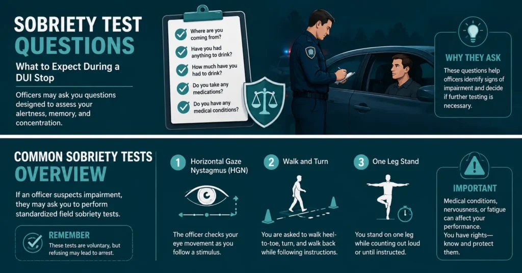 Sobriety test questions infographic explaining HGN, walk-and-turn, and one-leg stand field sobriety tests.