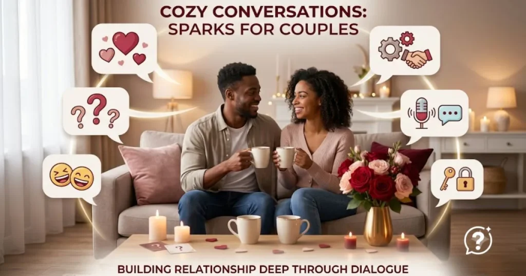 Happy couple enjoying meaningful conversation with romantic question icons representing spicy questions for couples that encourage fun, connection, and stronger relationships.