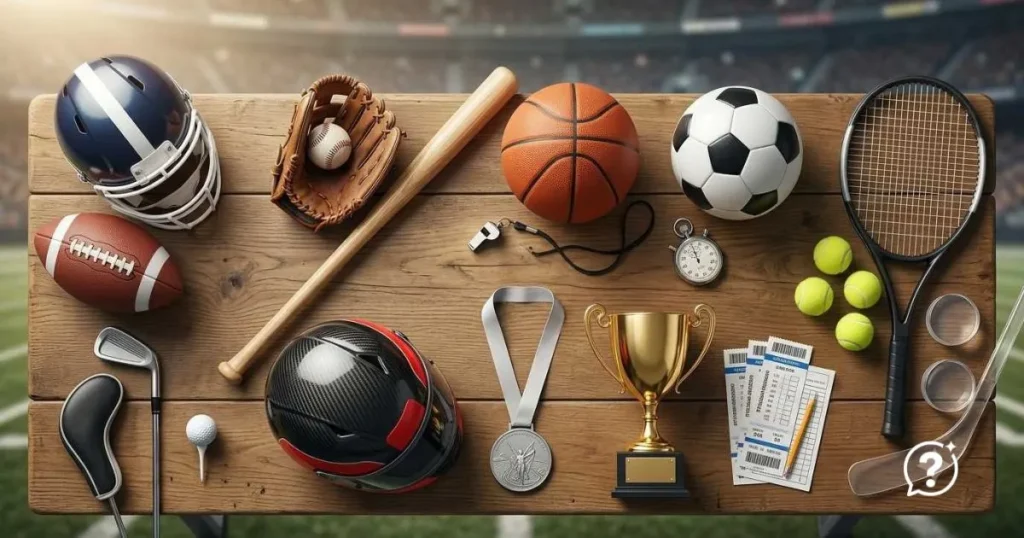 Sports trivia questions represented by football, basketball, baseball, soccer, tennis, golf, and Olympic-themed sports equipment.