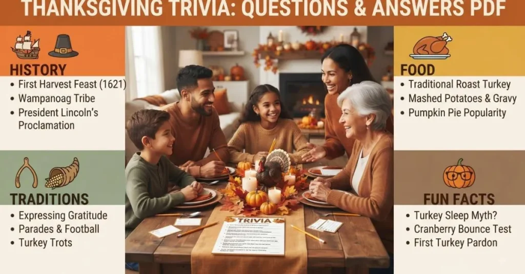 Thanksgiving trivia questions and answers PDF shown as a family game night activity with seasonal decorations.
