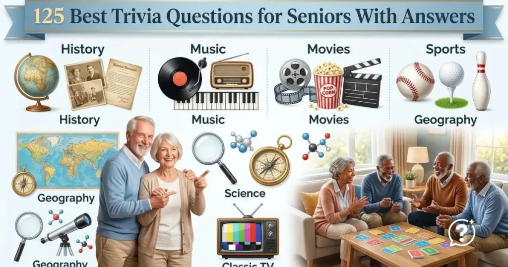 Older adults exploring different trivia questions for seniors with answers through categories like history, music, geography, movies, sports, and science in a friendly quiz setting.