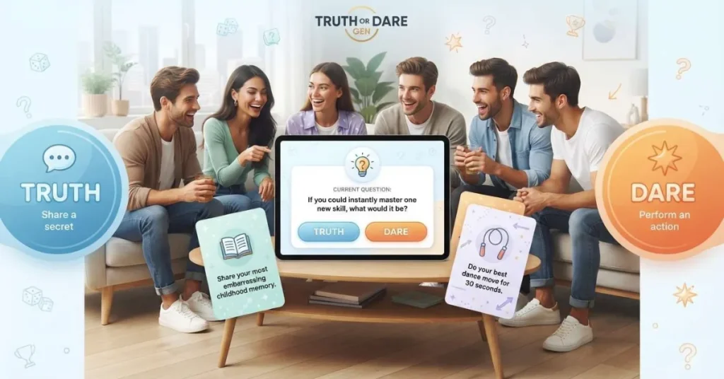 Truth or Dare questions generator infographic showing friends choosing fun truth and dare prompts.