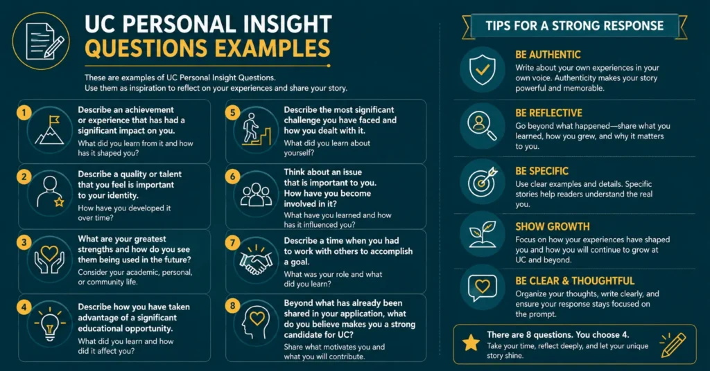 “UC Personal Insight Questions examples infographic with sample prompts and tips for writing authentic, reflective, specific, and thoughtful UC application responses.”