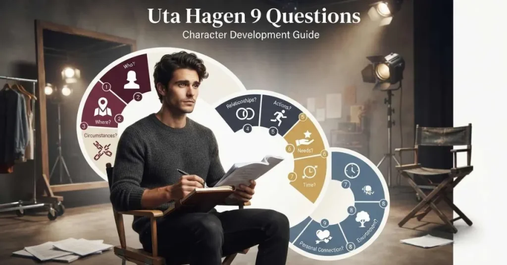 Infographic explaining the Uta Hagen 9 Questions method for actors developing realistic characters and performances.