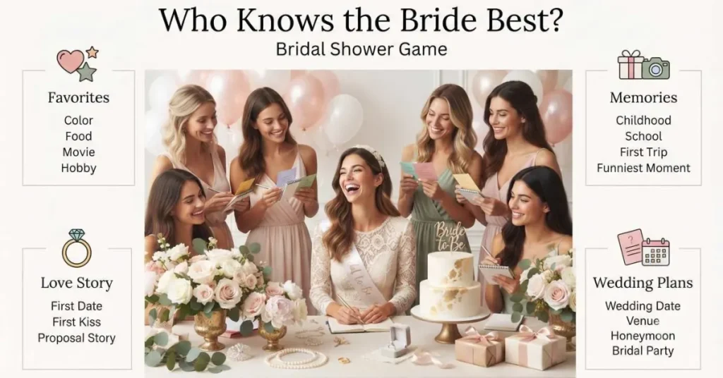 Infographic showing a who knows the bride best questions game at a fun bridal shower with friends answering quiz cards.