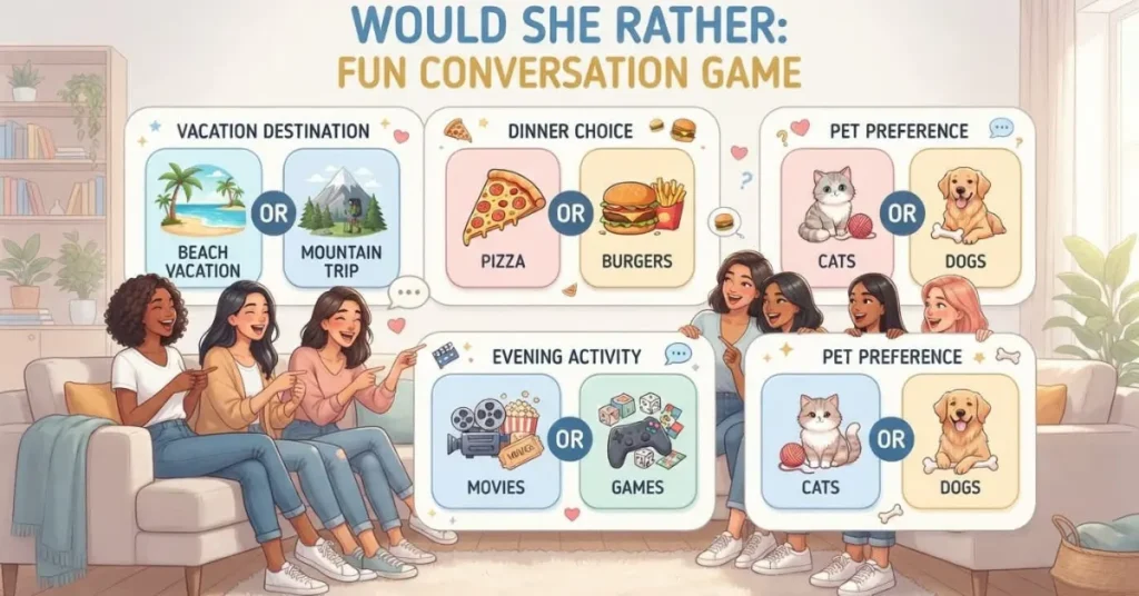 Would She Rather questions infographic showing fun choices and conversation prompts for friends.