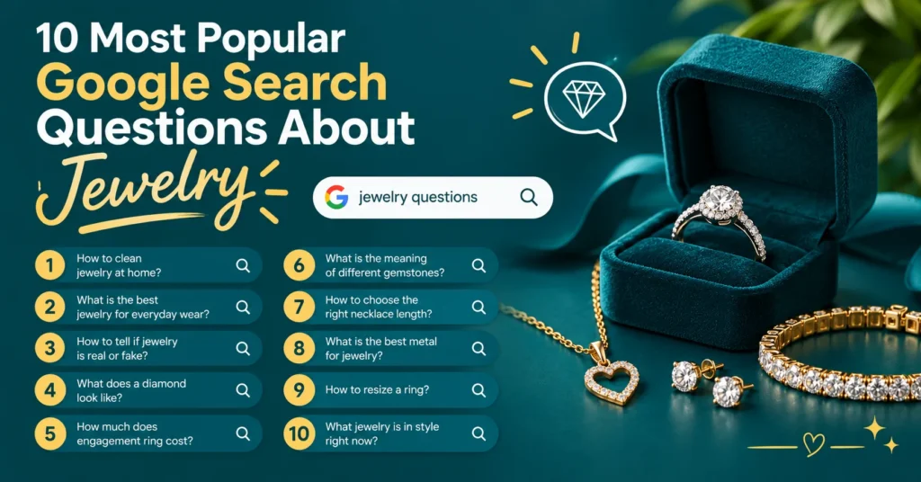 10 most popular Google search questions about jewelry, shown in a teal and gold infographic with numbered jewelry questions, a diamond ring, necklace, earrings, bracelet, and search icons.