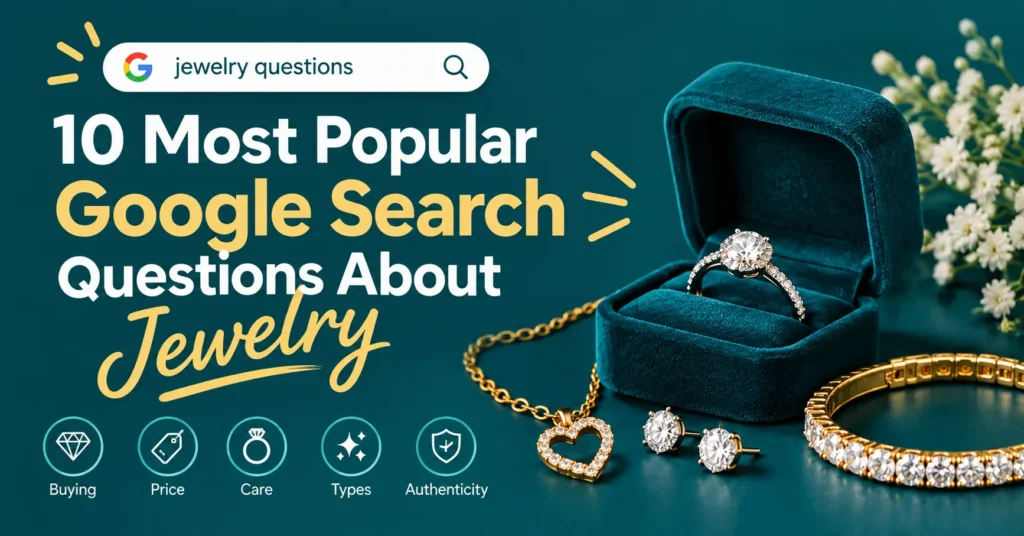 10 most popular Google search questions about jewelry, featuring an elegant jewelry collection with a diamond ring, heart pendant, earrings, bracelet, Google-style search bar, and icons for buying, price, care, types, and authenticity.