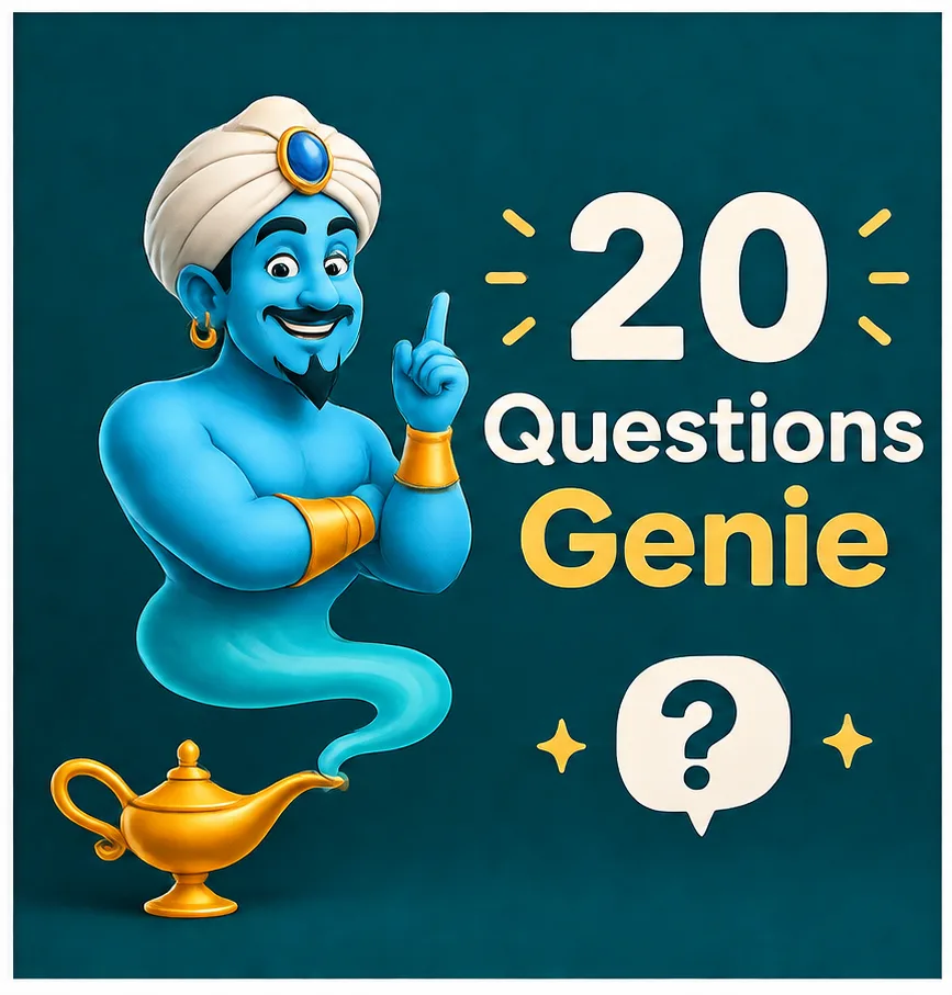 20 Questions Genie with a magical blue genie, golden lamp, question mark, and quiz-themed design on a dark teal background.