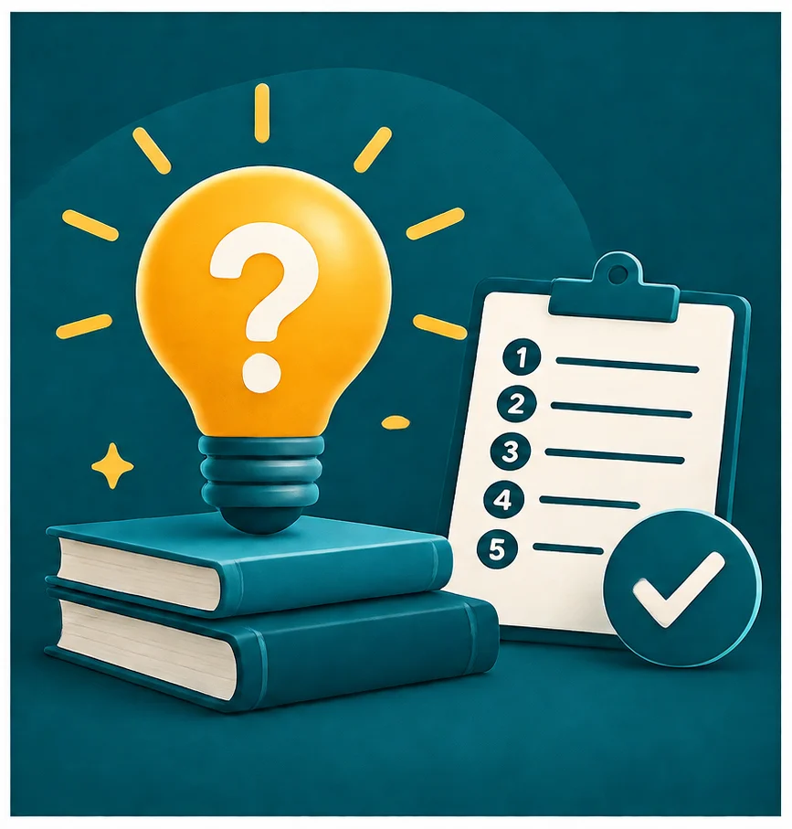 20 Questions Genie quiz concept featuring a glowing question-mark lightbulb, books, numbered checklist, and checkmark on a dark teal background.
