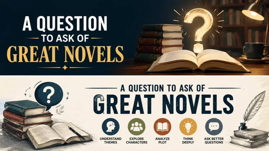 A question to ask of great novels with books and a glowing question mark