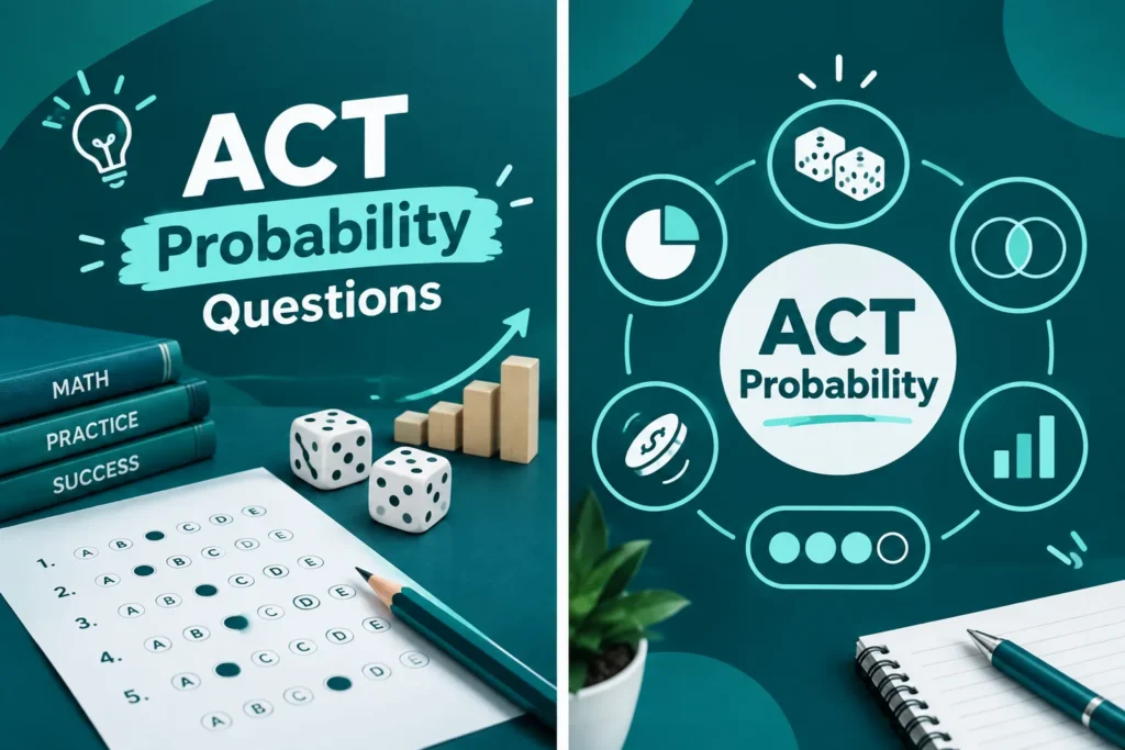 ACT probability questions infographic with dice, probability models, data analysis, events, and expected value.