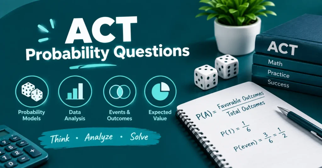 ACT probability questions study infographic featuring dice, math books, calculator, and probability formulas.