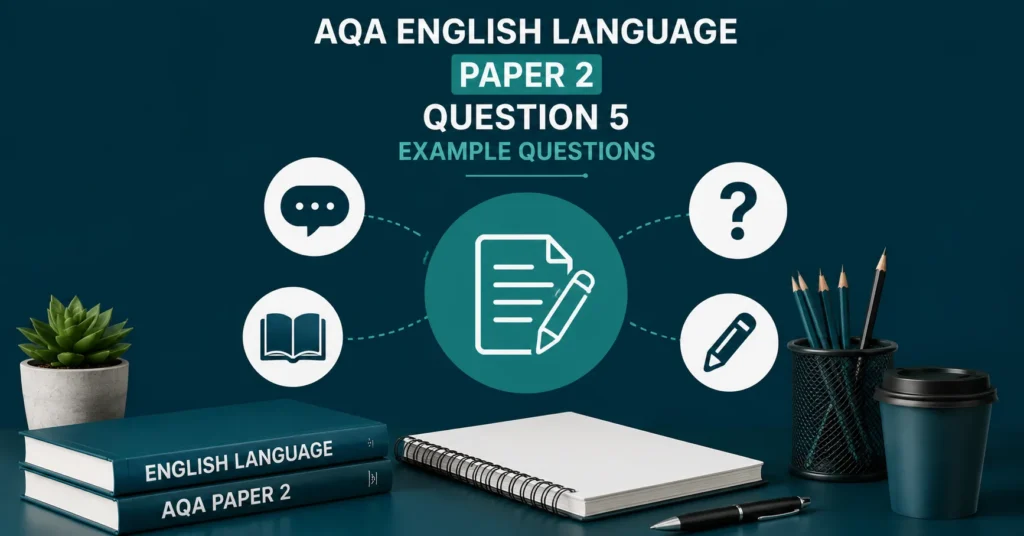 AQA English Language Paper 2 Question 5 example questions with writing icons, books, pencils, and revision notes