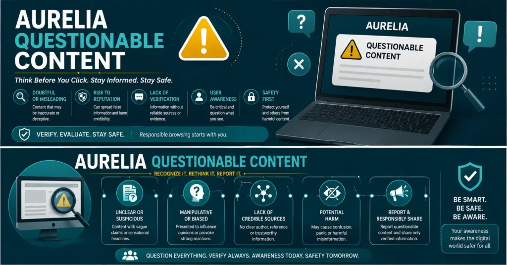 : Aurelia questionable content infographic explaining how to identify, verify, and respond responsibly to suspicious online content.