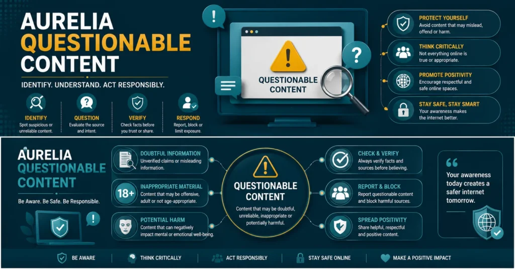 Aurelia questionable content guide highlighting doubtful information, fact-checking, reporting, blocking, and online safety.