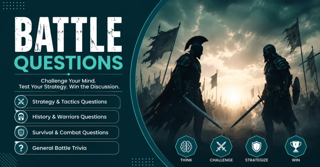 Battle questions graphic with two armored warriors, battlefield banners, strategy and combat themes, and quiz categories in a premium dark teal layout.