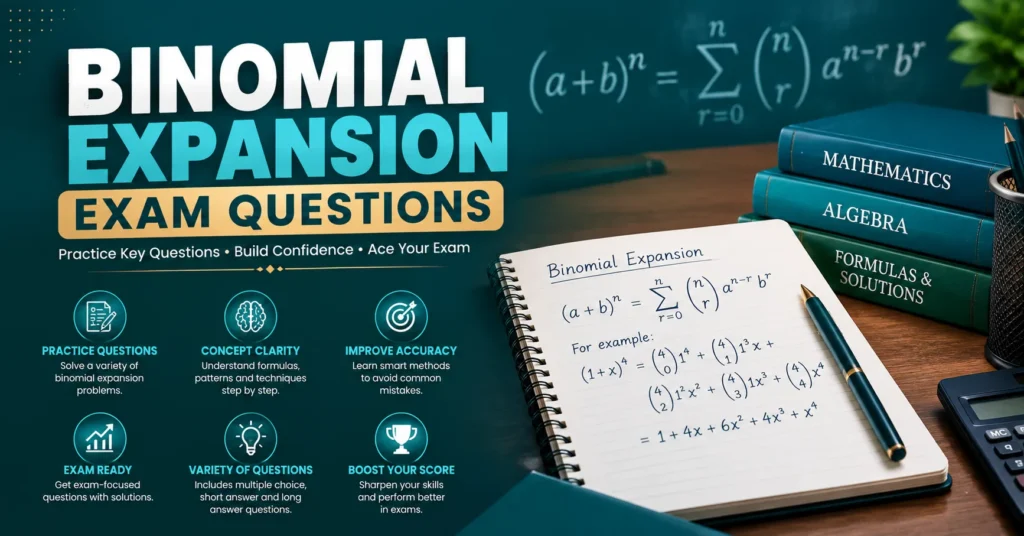 Binomial Expansion Exam Questions infographic featuring binomial theorem formulas, mathematics books, notebook, calculator, and exam preparation concepts in a dark teal design.