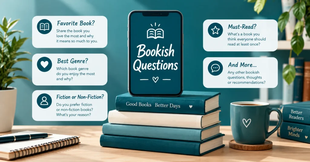 Bookish questions displayed on a smartphone with books, coffee, and prompts about favorite books, genres, must-reads, and reading preferences.