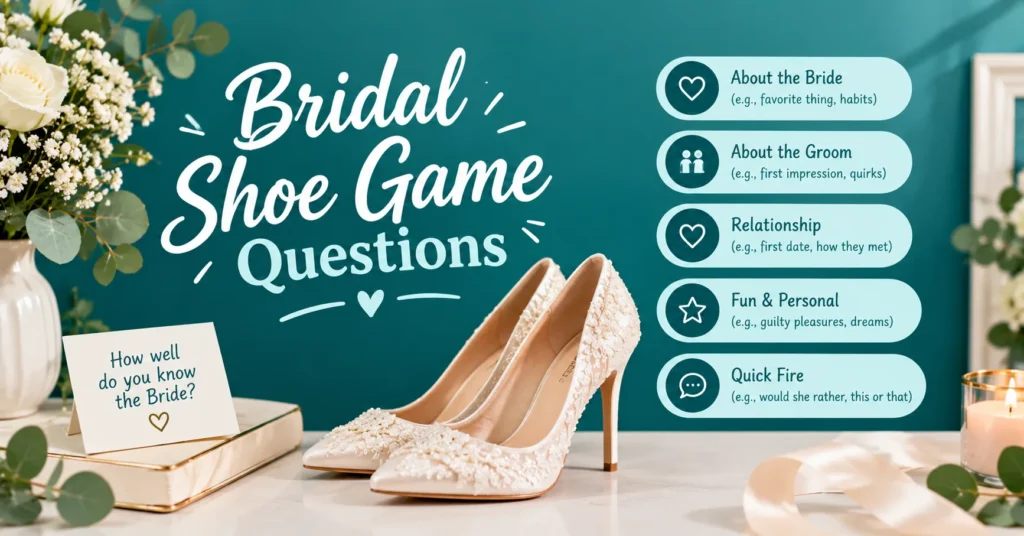 Bridal shoe game questions featuring a bride and groom holding wedding shoes with elegant floral wedding décor.