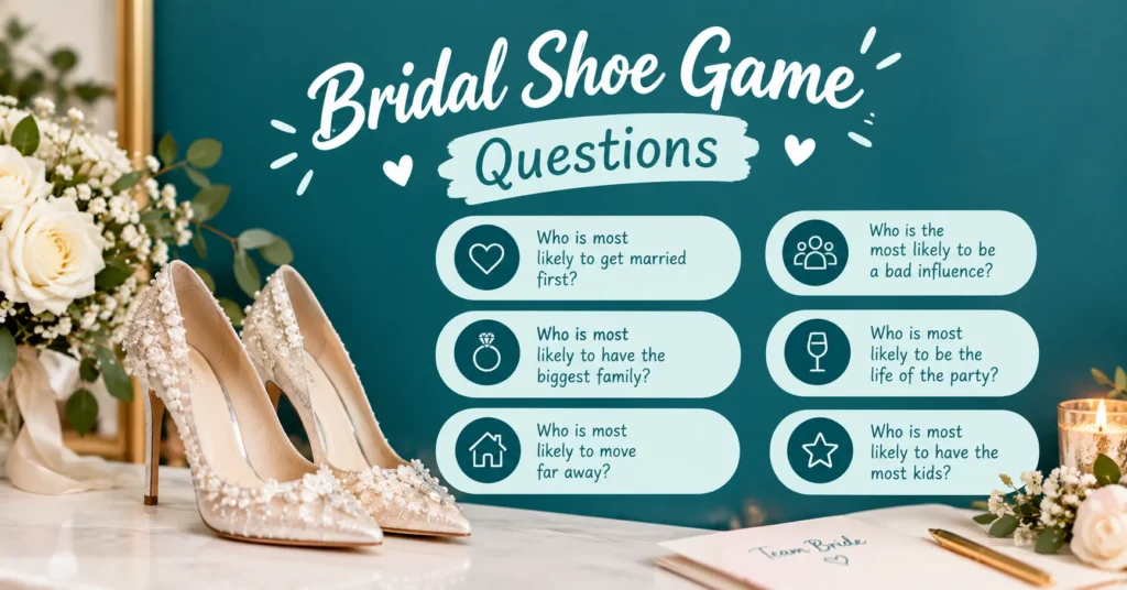 Bridal shoe game questions with ivory bridal heels, wedding flowers, greenery, and fun couple question prompts.