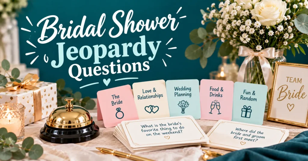 Bridal shower Jeopardy questions featuring a category board with 100–500 point values, bride-themed cards, flowers, candles, and elegant wedding décor.