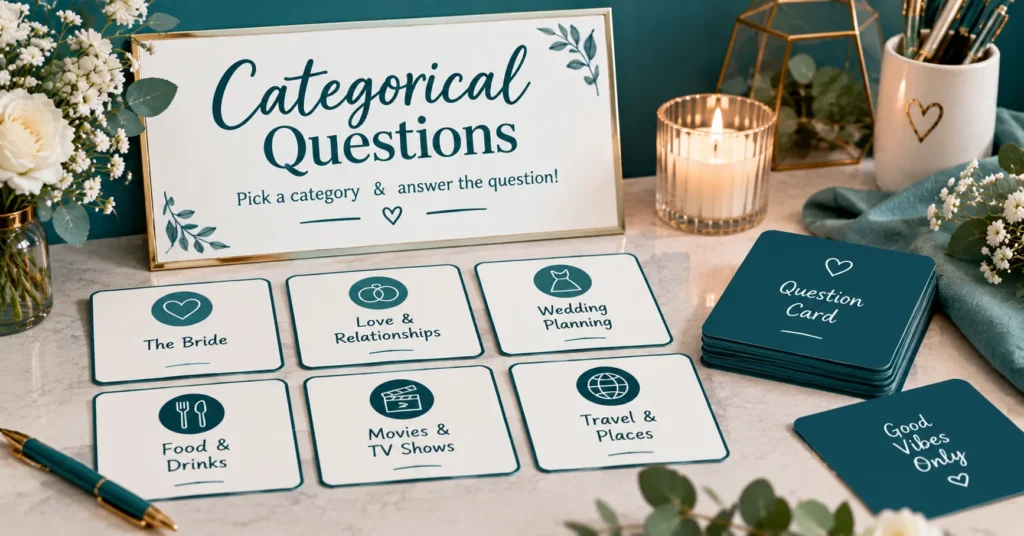 Categorical questions displayed on elegant question cards with categories for the bride, relationships, wedding planning, food and drinks, movies and TV, and travel.