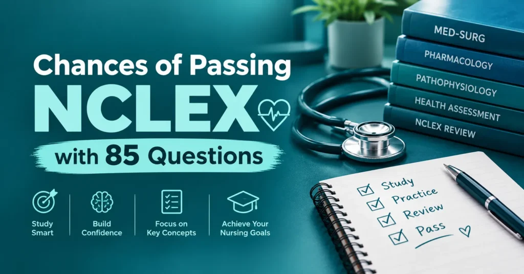 Chances of passing NCLEX with 85 questions infographic with nursing study tips and NCLEX preparation.
