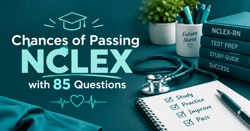 Chances of passing NCLEX with 85 questions infographic featuring NCLEX study materials and nursing exam preparation.