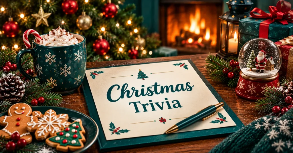 Christmas trivia questions and answers PDF displayed on a festive table with Christmas decorations, cocoa, gifts, snow globe, ornaments, and warm holiday lights.