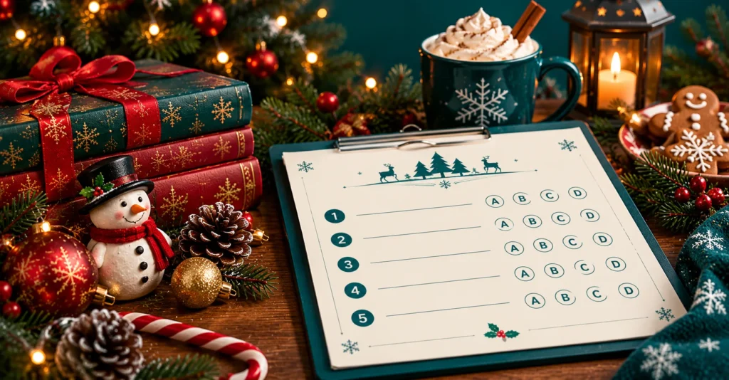 Christmas trivia questions and answers worksheet on a clipboard surrounded by Christmas books, snowman, ornaments, candy cane, cocoa, cookies, and festive decorations.
