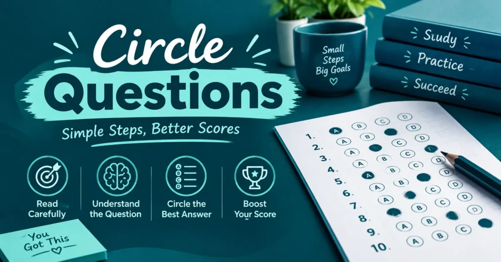 Circle Questions study infographic featuring a quiz answer sheet, critical thinking tips, and exam preparation.