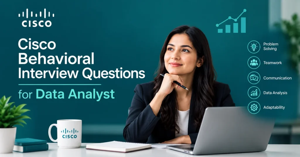 Cisco behavioral interview questions for data analyst with problem-solving, teamwork, communication, and data analysis skills.