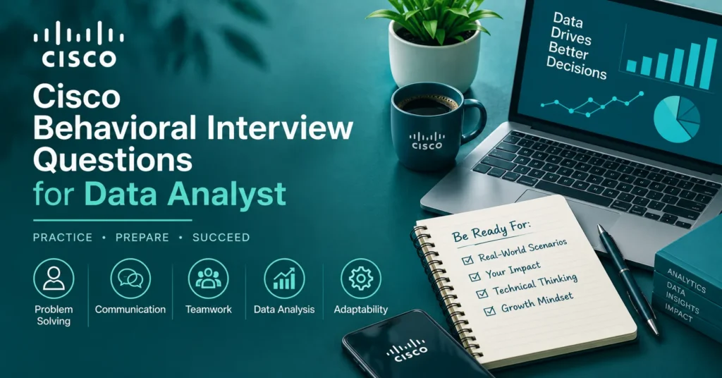 Cisco data analyst behavioral interview preparation with key skills, analytics charts, and interview checklist.