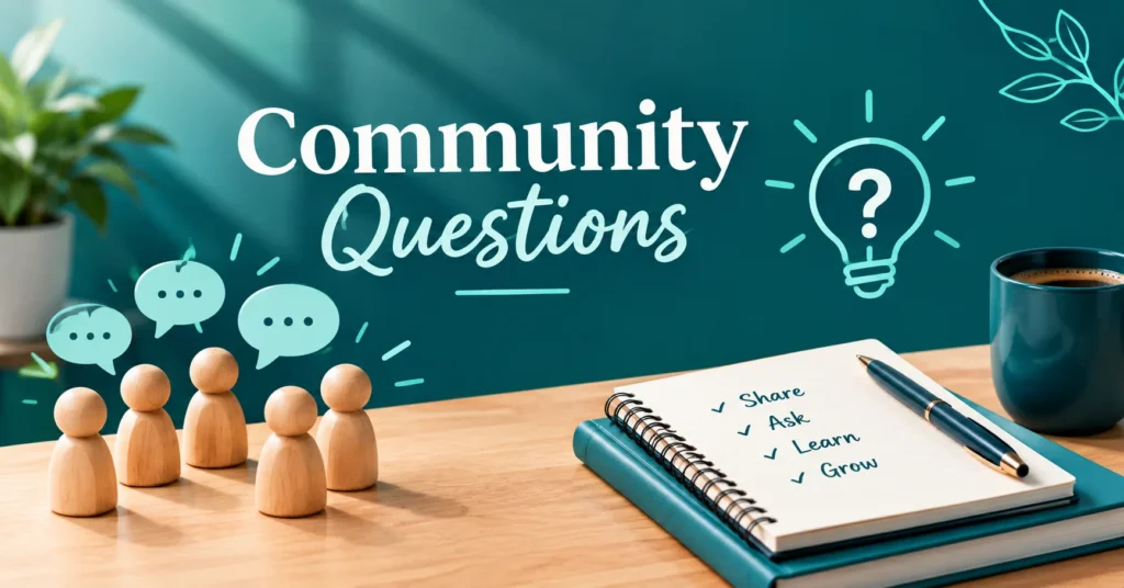 Community questions with discussion icons, group figures, and a learning checklist.