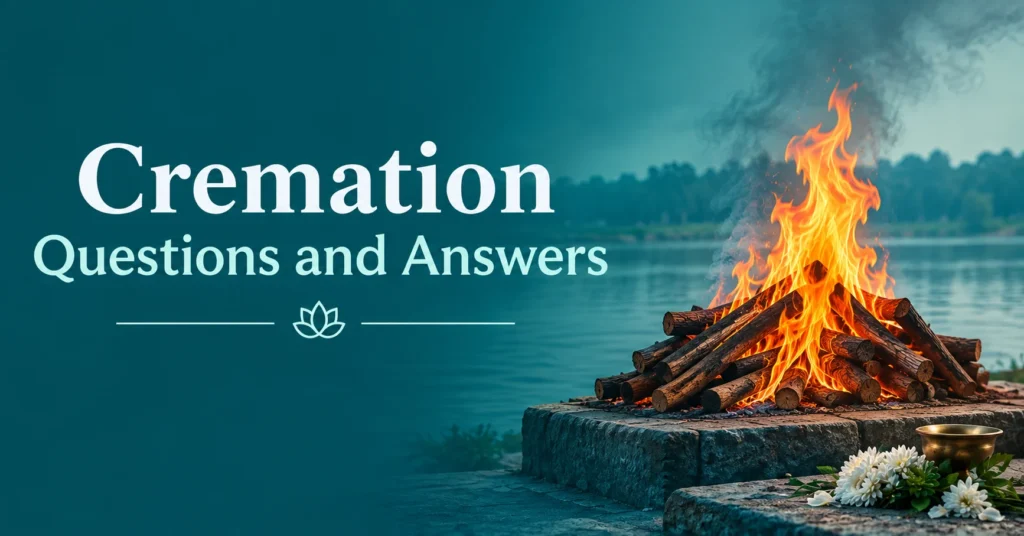 Cremation Questions and Answers title with a riverside cremation pyre, warm flames, misty water, brass vessel, and white flowers in a teal memorial design.