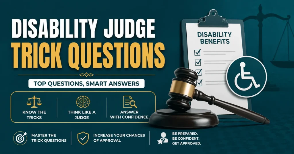 Disability judge trick questions with gavel, disability benefits checklist, and smart answer tips