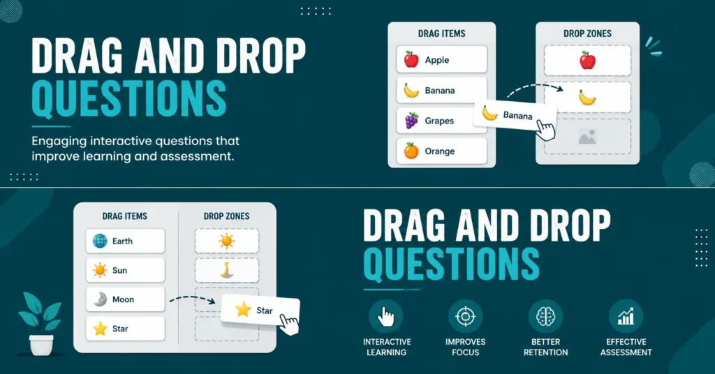 Drag and drop questions with interactive fruit and space activities.