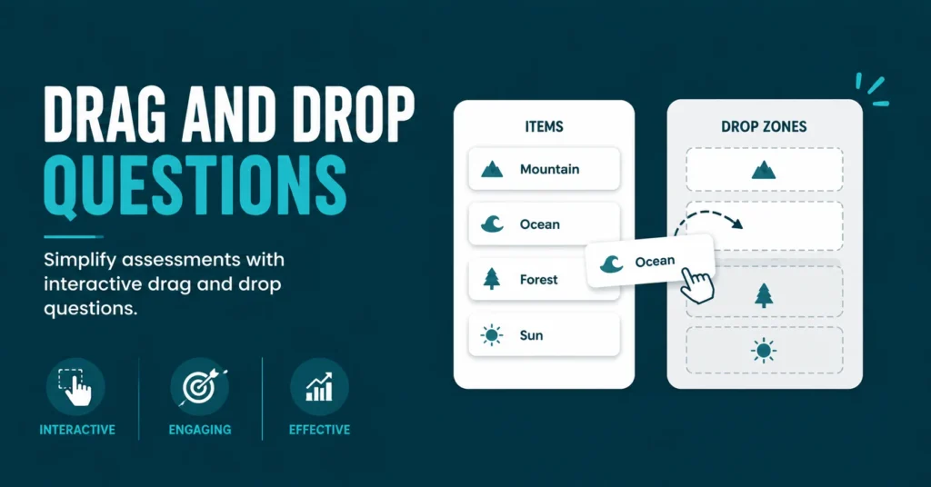 Drag and drop questions with interactive nature-themed matching activities.