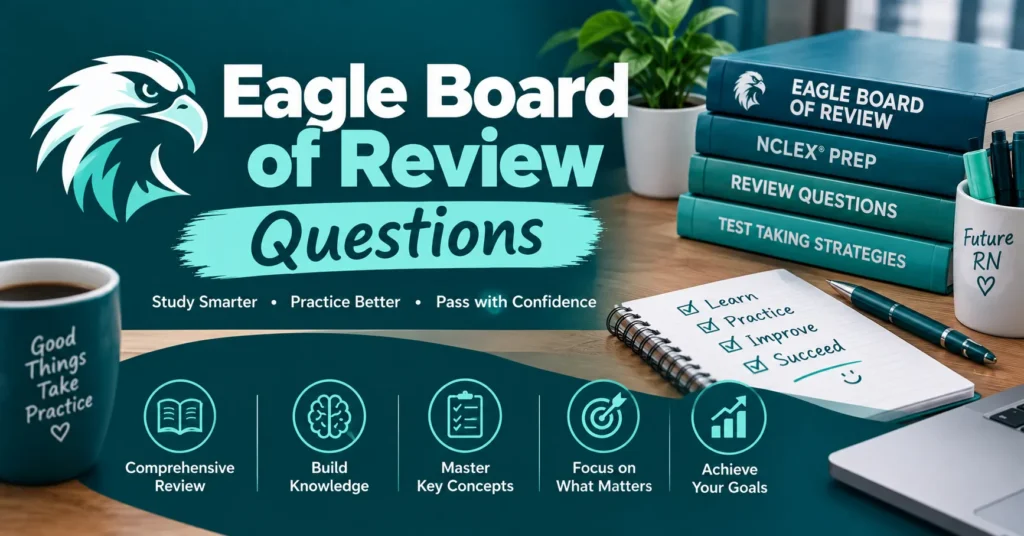 Eagle Board of Review Questions infographic with NCLEX prep books, study checklist, and nursing exam review tips.