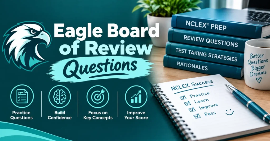 Eagle Board of Review Questions infographic featuring an eagle logo, NCLEX review materials, practice questions, and study strategies.