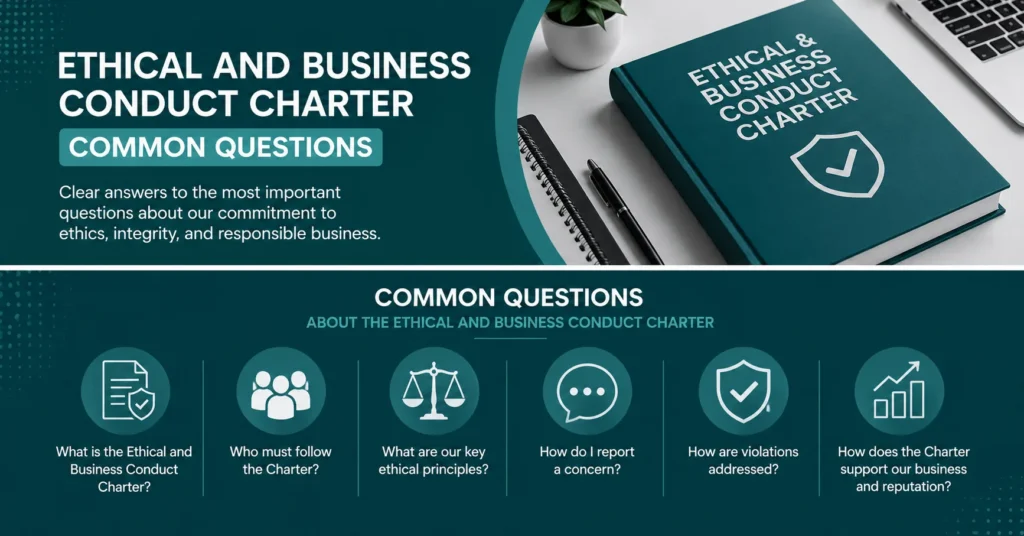 Ethical and Business Conduct Charter common questions infographic with key ethics and business principles