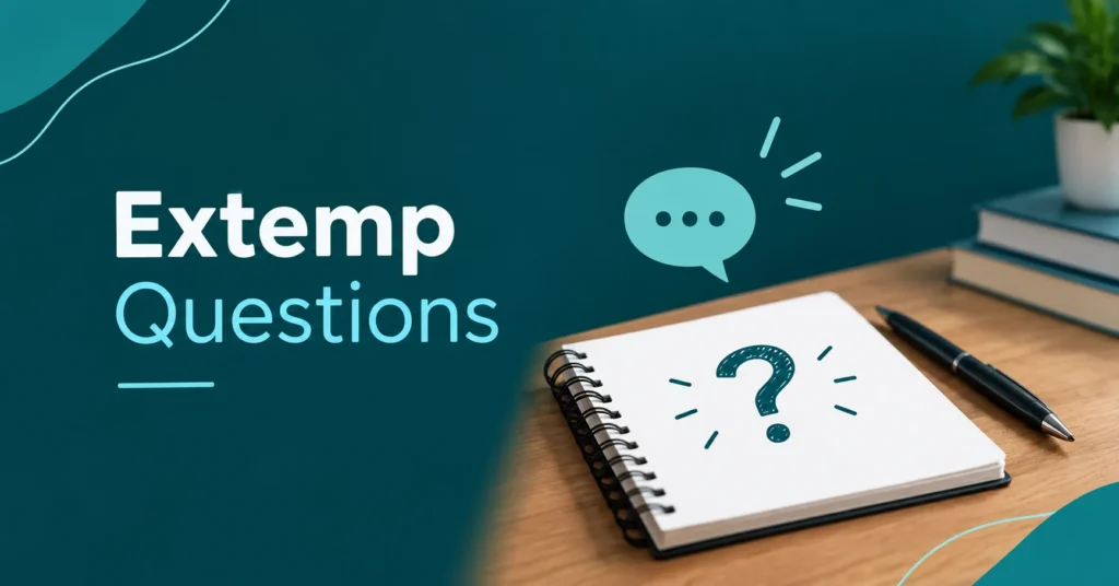 Extemp Questions infographic with notebook, microphone, and question mark on a teal background